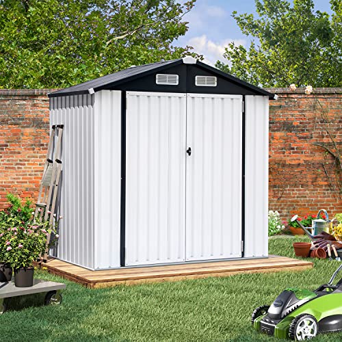 LAUSAINT HOME 6x4FT Outdoor Storage Shed, Large Waterproof Storage Tool Bike Sheds & Bulidings with Lockable Door for Backyard, Garden, Patio Lawn, Galvanized Steel, White