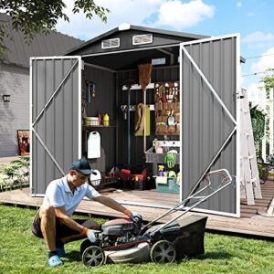 LAUSAINT HOME 6x4FT Outdoor Storage Shed, Large Waterproof Storage Tool Bike Sheds & Bulidings with Lockable Door for Backyard, Garden, Patio Lawn, Galvanized Steel, White