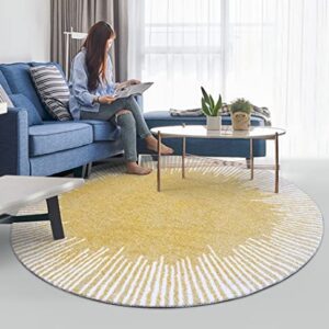 Vintage Yellow White Modern Abstract Round Area Rug 5ft Washable Wool Shaggy Soft Circular Rug for Living Room Bedroom Boho Carpet Under Dining Table Indoor Nursery Rug Floorcover
