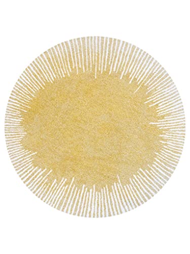 Vintage Yellow White Modern Abstract Round Area Rug 5ft Washable Wool Shaggy Soft Circular Rug for Living Room Bedroom Boho Carpet Under Dining Table Indoor Nursery Rug Floorcover