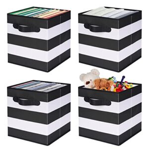 livememory decorative cube storage bins, black and white storage cubes striped cubes bins for cube organizers nursery closet bedroom, 11″x11″x11″, 4 packs