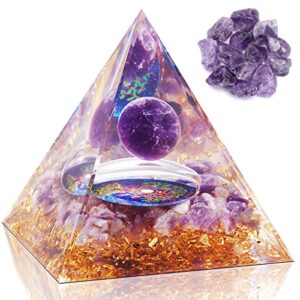orgone pyramid – orgonite healing amethyst crystal sphere with reiki obsidian protection handmade pyramids valentines day gift home office decor positive energy for balancing (amethyst+tree of life)