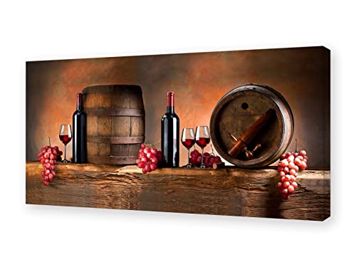 Muolunna BK06250 Wall Art Canvas Print Fruit Grape Red Wine with Bottle Barrel Painting on Canvas Stretched and Framed Ready to Hang for Home Decor Living Room Bedroom Kitchen Office Artwork