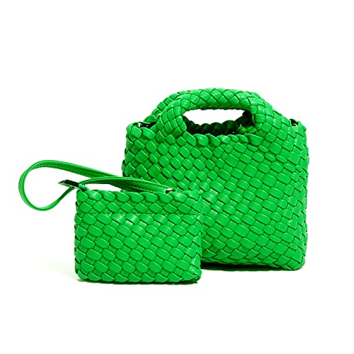 Handmade Woven Bags for Women with Coin Purse Fashion Handbag Female Shoulder Bags Foldable Chain Small Tote Crossbody Bags (Green)