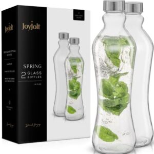 JoyJolt Glass Water Bottles - 2pc Glass Water Bottle Set. 32 oz Water Bottles, Clear Glass Bottles with Lids (Stainless Steel, Leakproof Seal). 1 Liter Water Bottles for Juicing or Iced Tea Bottle