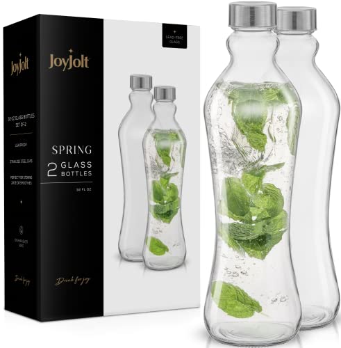 JoyJolt Glass Water Bottles - 2pc Glass Water Bottle Set. 32 oz Water Bottles, Clear Glass Bottles with Lids (Stainless Steel, Leakproof Seal). 1 Liter Water Bottles for Juicing or Iced Tea Bottle