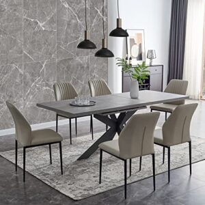 expandable dining table set for 6-8 seat, rectangular modern kitchen thicker top, 6 faux leather dining chairs and non-slip pad, extendable 63” to 79” with extension leaf for kitchen restaurant