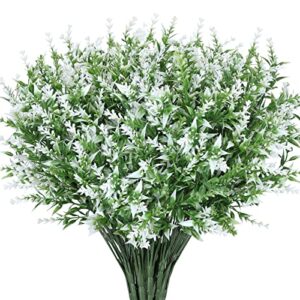 cewor 10 bundles artificial lavender flowers outdoors fake shrubs greenery plants indoor uv resistant plastic faux bouquets for outdoor home garden porch decoration (white)