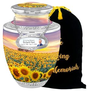 Personalized Medallion Flourished Sunflowers Cremation Urns for Adult Ashes Male Female - 200lbs Burial Urns for Human Ashes - Handcrafted Funeral Decorative Urns for Ashes Adult Male with Velvet Bag