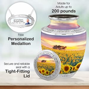 Personalized Medallion Flourished Sunflowers Cremation Urns for Adult Ashes Male Female - 200lbs Burial Urns for Human Ashes - Handcrafted Funeral Decorative Urns for Ashes Adult Male with Velvet Bag