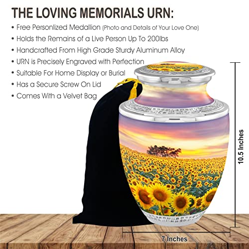 Personalized Medallion Flourished Sunflowers Cremation Urns for Adult Ashes Male Female - 200lbs Burial Urns for Human Ashes - Handcrafted Funeral Decorative Urns for Ashes Adult Male with Velvet Bag