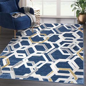 abani atlas 4’x6′ blue/grey area rug, hexagon design – durable non-shedding – easy to clean