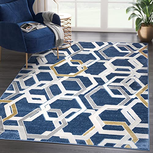 Abani Atlas 4'x6' Blue/Grey Area Rug, Hexagon Design - Durable Non-Shedding - Easy to Clean