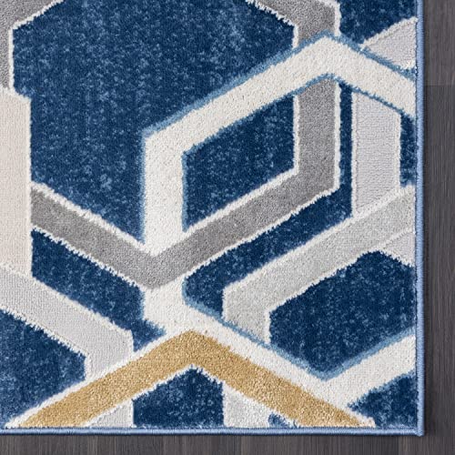 Abani Atlas 4'x6' Blue/Grey Area Rug, Hexagon Design - Durable Non-Shedding - Easy to Clean