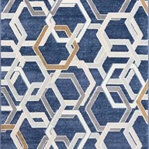 Abani Atlas 4'x6' Blue/Grey Area Rug, Hexagon Design - Durable Non-Shedding - Easy to Clean