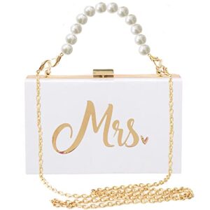 bride clutch purse mrs clutch for wedding day, mrs acrylic purse with hand-carried pearl chain and metal crossbody chain, bridal shower engagement gift for bride honeymoon