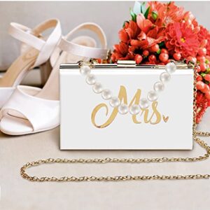 Bride Clutch Purse MRS Clutch for Wedding Day, Mrs Acrylic Purse with Hand-carried Pearl Chain and Metal Crossbody Chain, Bridal Shower Engagement Gift for Bride Honeymoon