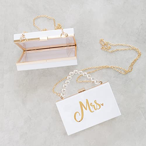 Bride Clutch Purse MRS Clutch for Wedding Day, Mrs Acrylic Purse with Hand-carried Pearl Chain and Metal Crossbody Chain, Bridal Shower Engagement Gift for Bride Honeymoon