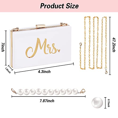 Bride Clutch Purse MRS Clutch for Wedding Day, Mrs Acrylic Purse with Hand-carried Pearl Chain and Metal Crossbody Chain, Bridal Shower Engagement Gift for Bride Honeymoon