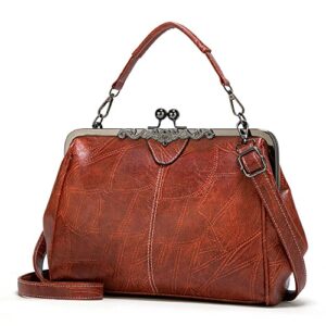 Women Leather Kiss Lock Handbag Shoulder Bag Vintage Satchel Clutch Tote Purses