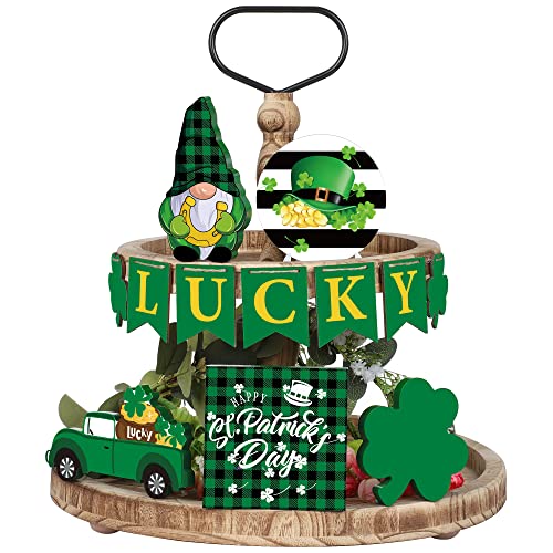 13 PCS St. Patrick’s Day Tiered Tray Decor Lucky Wooden Table Signs Green Shamrock Gnome Wood Blocks Irish Party Wood Table Centerpieces with Holder for St. Patrick Home Holiday Decor