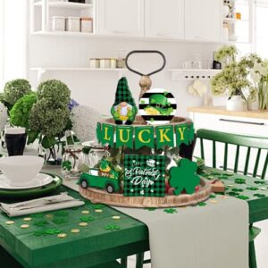 13 PCS St. Patrick’s Day Tiered Tray Decor Lucky Wooden Table Signs Green Shamrock Gnome Wood Blocks Irish Party Wood Table Centerpieces with Holder for St. Patrick Home Holiday Decor