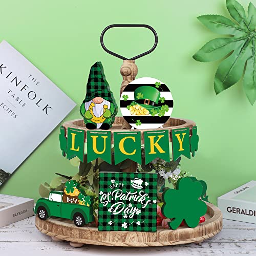 13 PCS St. Patrick’s Day Tiered Tray Decor Lucky Wooden Table Signs Green Shamrock Gnome Wood Blocks Irish Party Wood Table Centerpieces with Holder for St. Patrick Home Holiday Decor