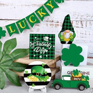 13 PCS St. Patrick’s Day Tiered Tray Decor Lucky Wooden Table Signs Green Shamrock Gnome Wood Blocks Irish Party Wood Table Centerpieces with Holder for St. Patrick Home Holiday Decor