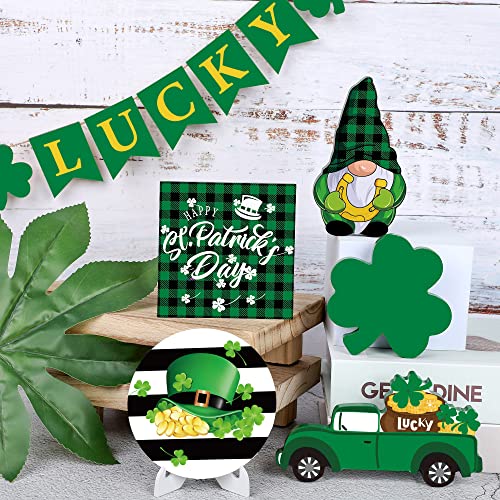 13 PCS St. Patrick’s Day Tiered Tray Decor Lucky Wooden Table Signs Green Shamrock Gnome Wood Blocks Irish Party Wood Table Centerpieces with Holder for St. Patrick Home Holiday Decor