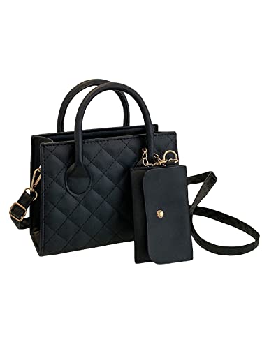 SHENHE Women's Quilted Leather Top Handle Totes Shoulder Square Bag Handbags with Wallet Black One Size