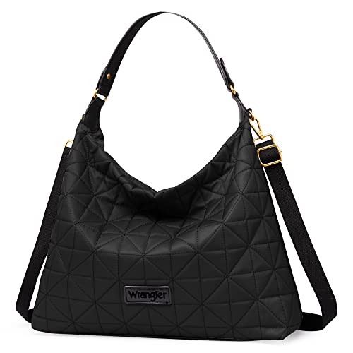 Wrangler Quilted Hobo Shoulder Bag for Women Black Nylon Crossbody Purse Lightweight Soft Handbag with Zipper,WG39-918 BK