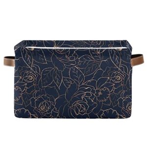 gougeta foldable storage basket with handle, floral rose peony flower navy blue rectangular canvas organizer bins for home office closet clothes toys 1 pack