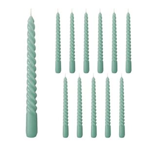 12 piece sea green twist taper candles, 2 boxed sets of 6, 4 hours burn time, paraffin wax, 7.75 inches
