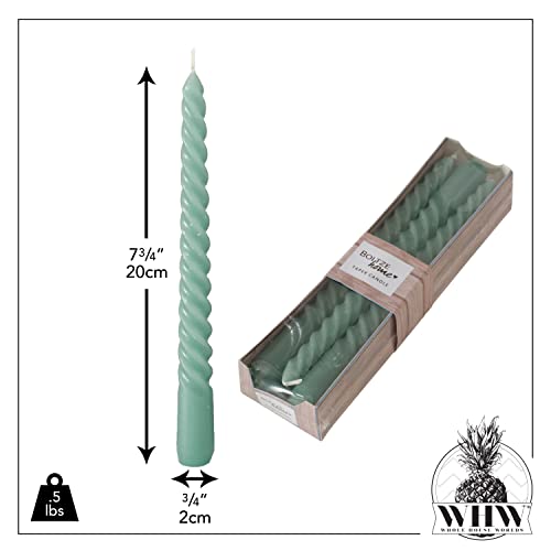 12 Piece Sea Green Twist Taper Candles, 2 Boxed Sets of 6, 4 Hours Burn Time, Paraffin Wax, 7.75 Inches