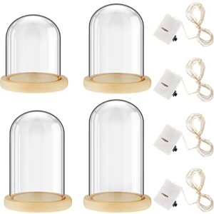 4 pcs clear glass dome cloche with wood base and led fairy light set, battery operated glass cloche glass dome with base tabletop bell jar display case for home office wedding centerpiece rose flower
