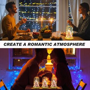 4 Pcs Clear Glass Dome Cloche with Wood Base and LED Fairy Light Set, Battery Operated Glass Cloche Glass Dome with Base Tabletop Bell Jar Display Case for Home Office Wedding Centerpiece Rose Flower