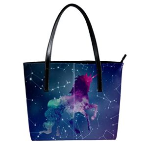 Women’s Leather Tote Bag, Unicorn Constellation Large Heavy Duty Shoulder Bag Travel Work School Handbag