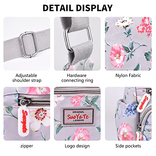 WITERY Crossboby Bag for Women - Waterproof Nylon Multi-Pocket Purse Floral Shoulder Bag Zipper Handbag Messenger Bag with Adjustable Strap, Casual Ladies Medium Roomy Travel Purses Hobo Tote Bag