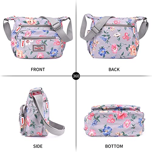 WITERY Crossboby Bag for Women - Waterproof Nylon Multi-Pocket Purse Floral Shoulder Bag Zipper Handbag Messenger Bag with Adjustable Strap, Casual Ladies Medium Roomy Travel Purses Hobo Tote Bag