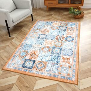 ashler area rugs 3×5 feet vintage boho rugs for living room, machine washable area rugs with non-slip backing, indoor rug vintage bohemian area rug home decor, orange