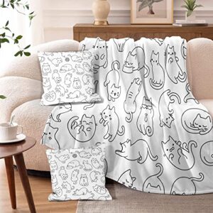 bedmust 3 pcs white cat blanket with 2 pillow covers painting pet cat pattern throw blanket soft warm cozy fuzzy kitty throw blanket 50×60 inches & 2 cushion covers