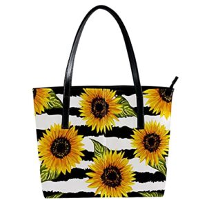 women’s leather tote bag, aesthetic sunflower black stripe large heavy duty shoulder bag travel work school handbag