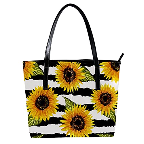 Women’s Leather Tote Bag, Aesthetic Sunflower Black Stripe Large Heavy Duty Shoulder Bag Travel Work School Handbag