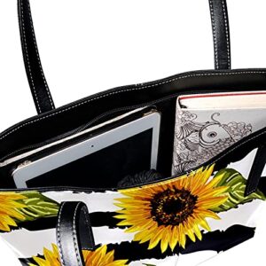 Women’s Leather Tote Bag, Aesthetic Sunflower Black Stripe Large Heavy Duty Shoulder Bag Travel Work School Handbag