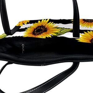 Women’s Leather Tote Bag, Aesthetic Sunflower Black Stripe Large Heavy Duty Shoulder Bag Travel Work School Handbag