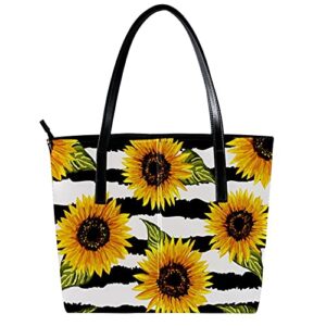 Women’s Leather Tote Bag, Aesthetic Sunflower Black Stripe Large Heavy Duty Shoulder Bag Travel Work School Handbag