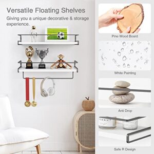 Forbena White Floating Shelves for Bathroom Organizer Over Toilet, Bathroom Shelves Wall Mounted with Towel Rack, Small Corner Wall Shelf for Bedroom Decor Kitchen Storage (White-Grey Set of 2)