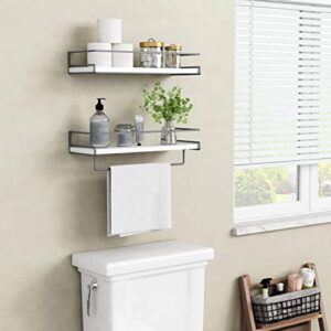 Forbena White Floating Shelves for Bathroom Organizer Over Toilet, Bathroom Shelves Wall Mounted with Towel Rack, Small Corner Wall Shelf for Bedroom Decor Kitchen Storage (White-Grey Set of 2)