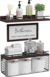 wopitues floating shelves with bathroom wall décor sign, farmhouse wood bathroom wall shelves over toilet with paper storage basket set of 3, rustic floating shelf with guardrail–rustic brown