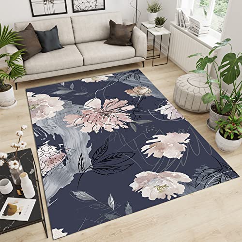 FYMUROL Pink Flower Bedroom Rug, Watercolor Style Decorative Rug, 3D Printing Washable Non-Slip Rug Large Area Soft, Suitable for Living Room Dining Room Entrance Corridor Dormitory-5ft×7ft